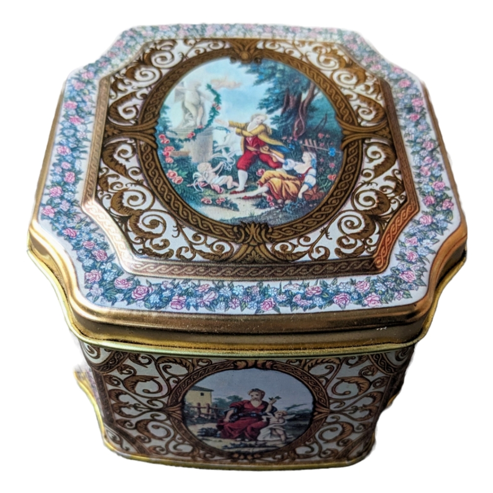 Vintage Meister Octagonal Tin Ornate Victorian Painting and Floral Design